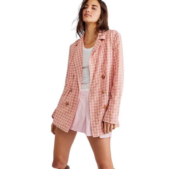 Free People Olivia Gingham Double Breasted Blazer Women Medium Pink Waist Tie - Picture 1 of 16